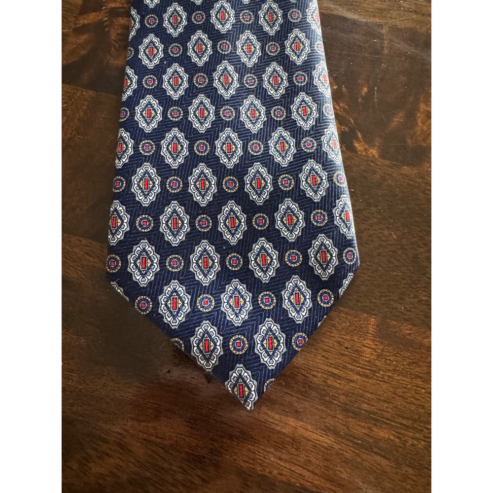 Rene Chagal Hand Made Silk Tie Navy Blue Geometric Medallion Classic Necktie